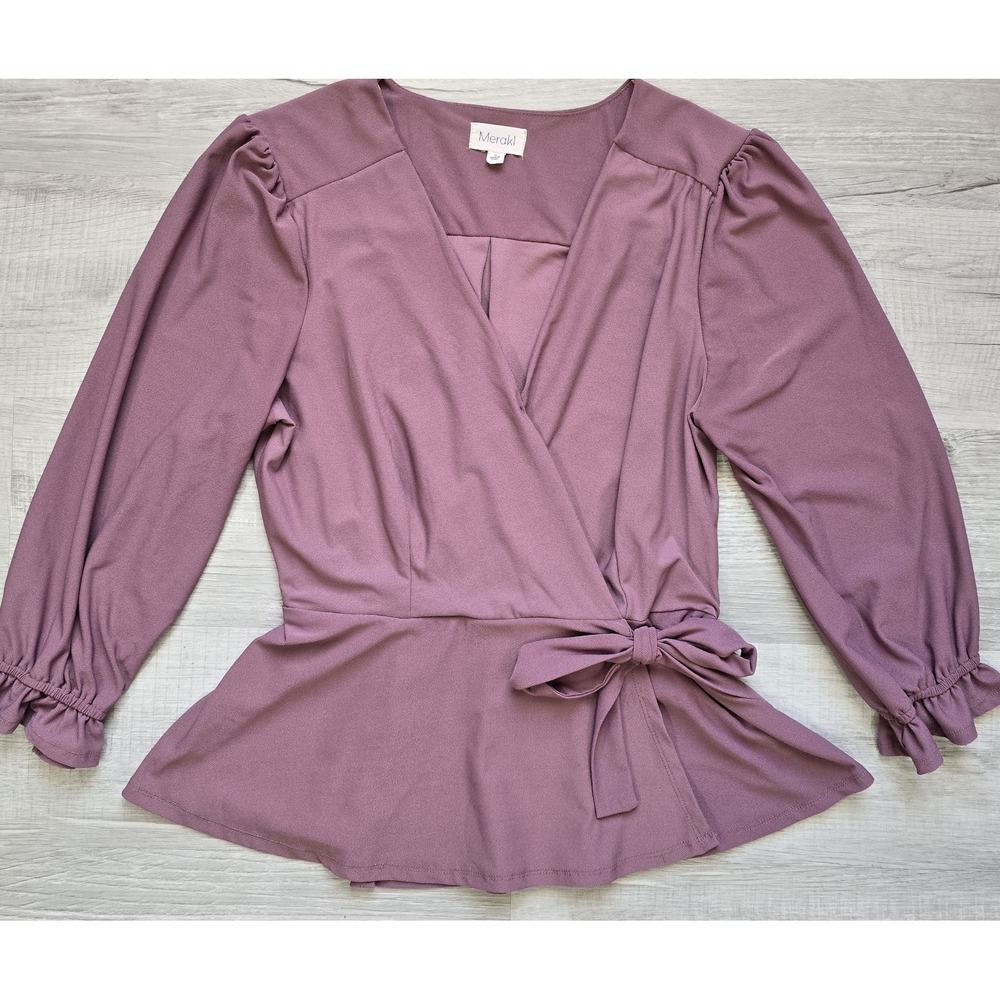 Meraki XL Dusty Rose Faux Wrap Peplum Top Long Sleeve Puff Sleeve Tie Front